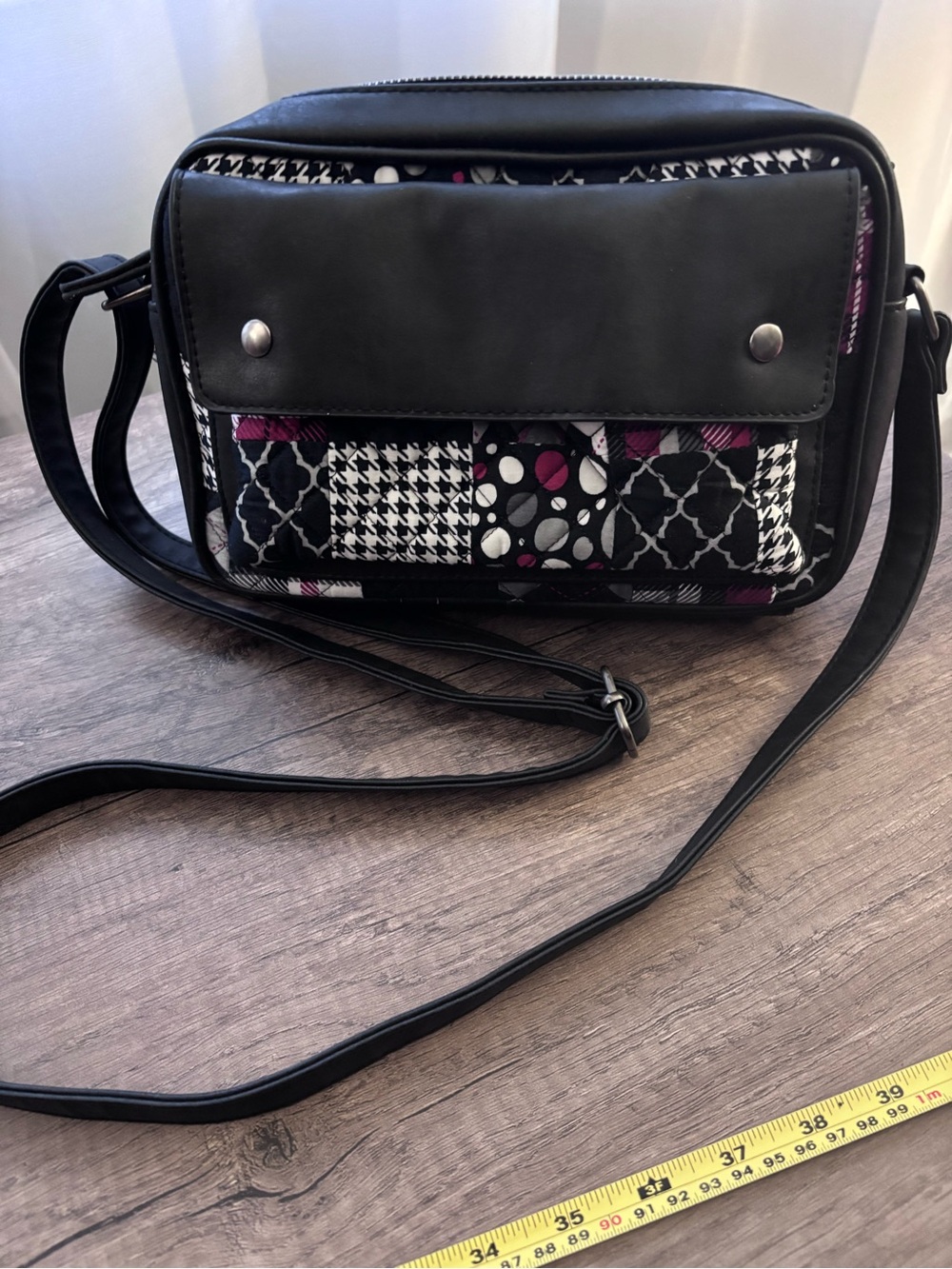 Black Patchwork Front Crossbody Bag with Accent Pattern